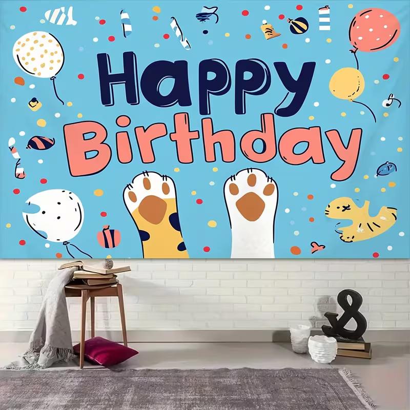 2D Blue Cat Paw Birthday Backdrop Home Party Celebration Photo Background