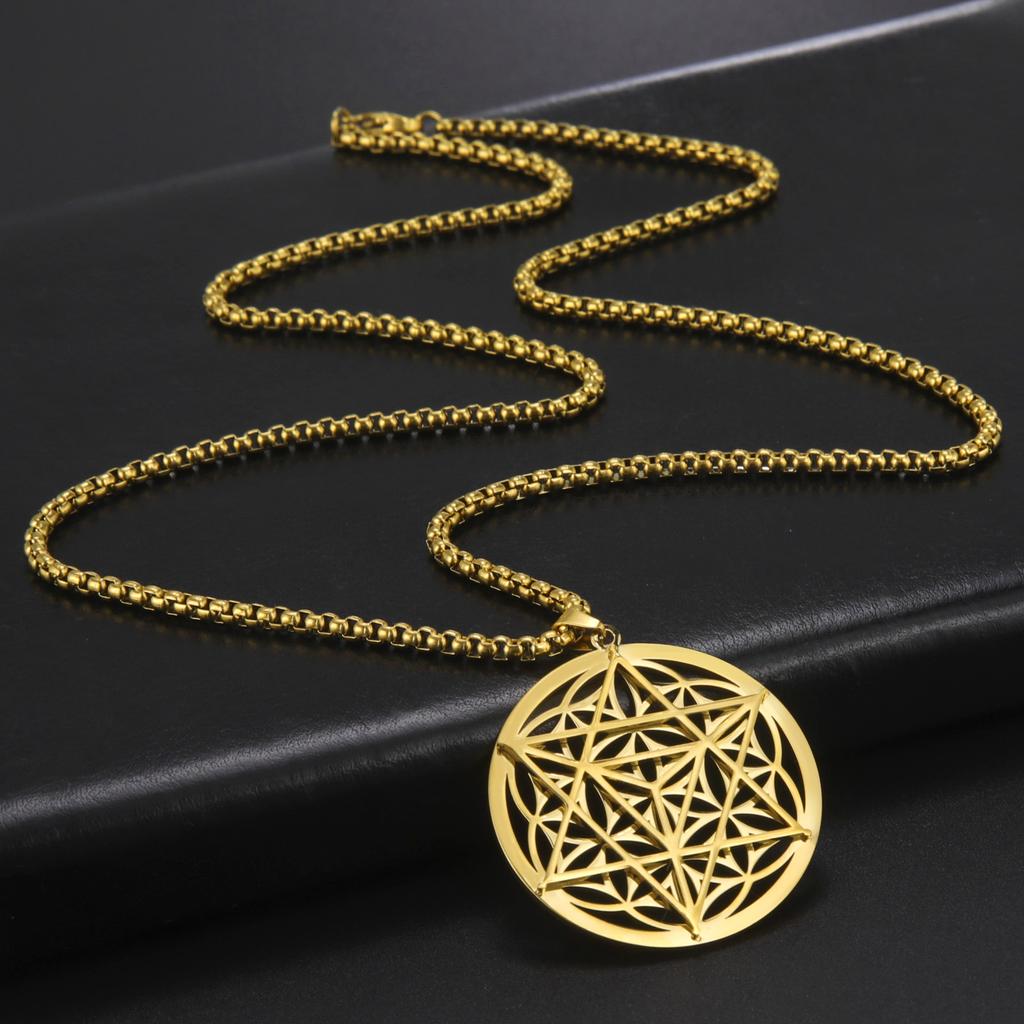 LIKGREAT Gold Color Round Flower of Life Merkaba Pendant Necklace Meditation Charm Stainless Steel Jewelry Valentine's Day Gifts
