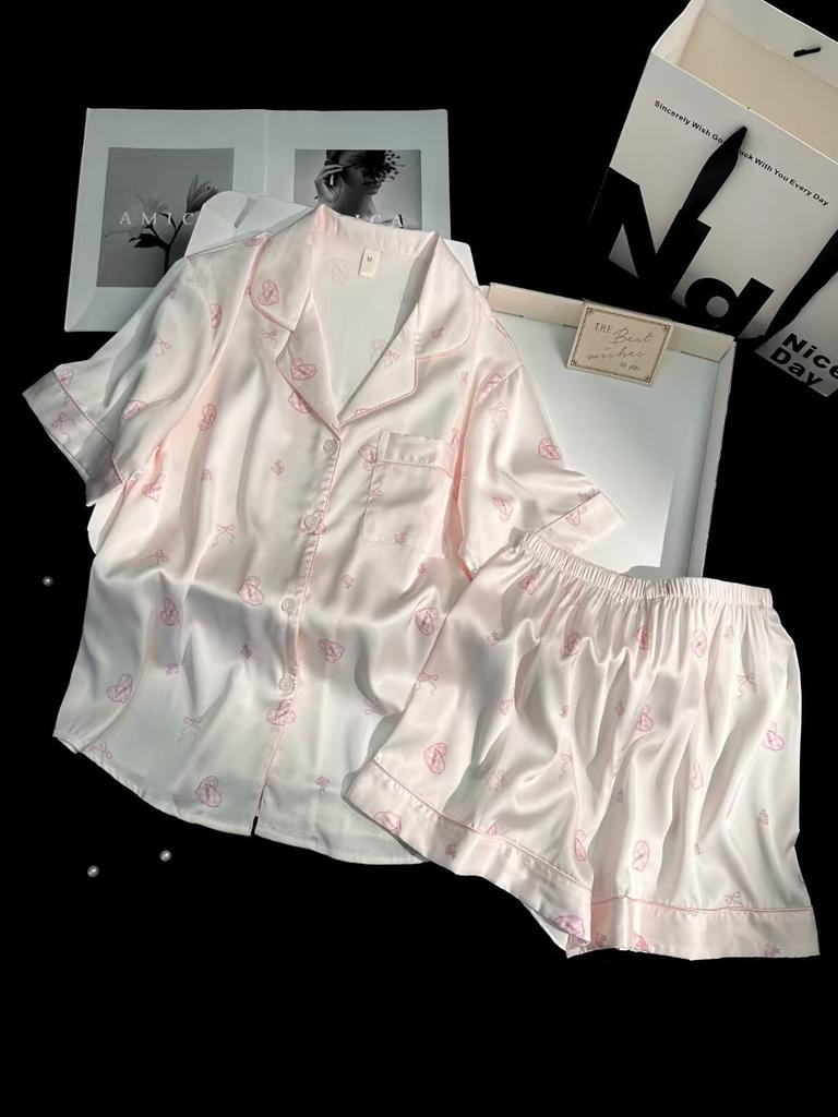 Summer and Autumn Ice Silk Pink Satin Short Sleeve Shorts Pajamas Fresh Women's Loungewear Simple Fashion Printed