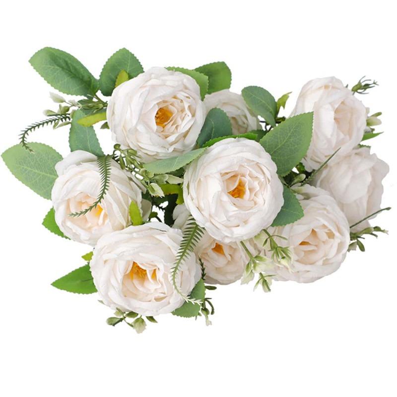 9 cabeças de flores artificiais de rosas, arranjo de buquê de rosas falsas, buquê de seda, flores falsas para decoração de festa de casamento em casa, escritório