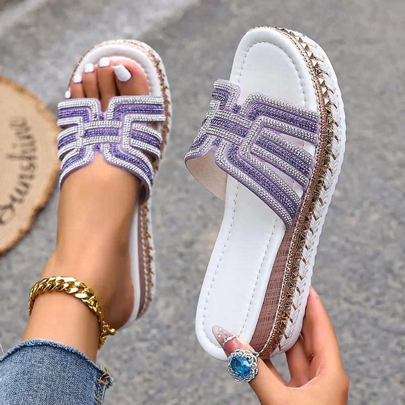Fashion Purple Wedges Sandals Women Shiny Crystal Rivet Decor Thick Sole Slippers Plus Size Comfort Chunky Platform Beach Shoes