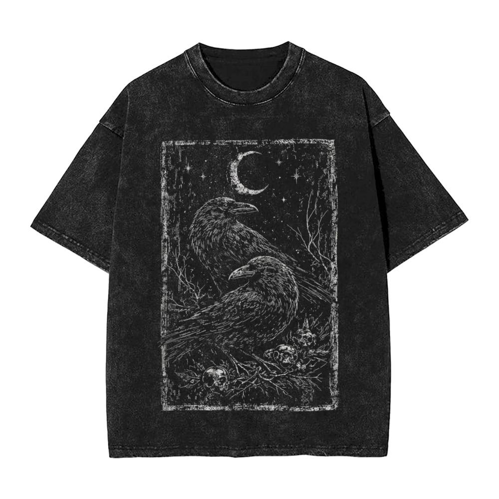 T-shirt Gotica Lavata Nera Vintage Uomo Donna Occulto Corvo Teschio Luna Stampa Vestibilità Larga Girocollo Manica Corta Estetica Maglietta Oscura