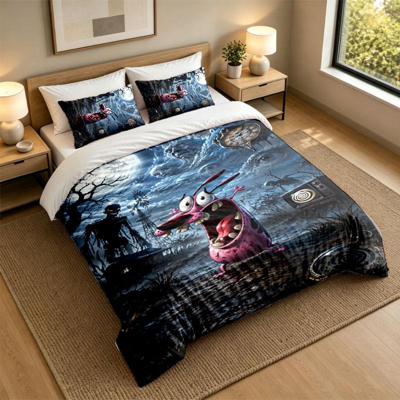 3Pcs Bedding SetCourage the Cowardly Dog Soft Bed Sheet and Two Pillowcases Home Bedroom Decor