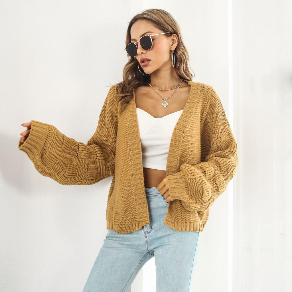 Bubble Lantern Sleeve Loose Knit Sweater Cardigan Coat Autumn and Winter Women's Sweater