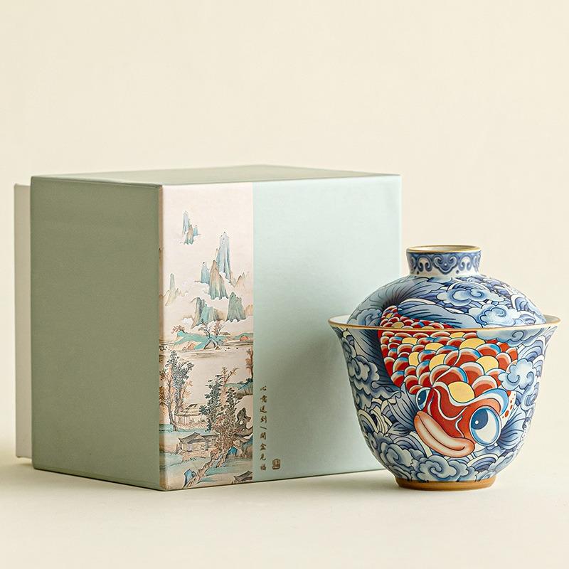 Dragon Fish Gaiwan Ceramic Tea Set Chinese Style Two Layer Lids Brewing Bowl for Home Kung Fu Tea Ceremony High Aesthetic Gift