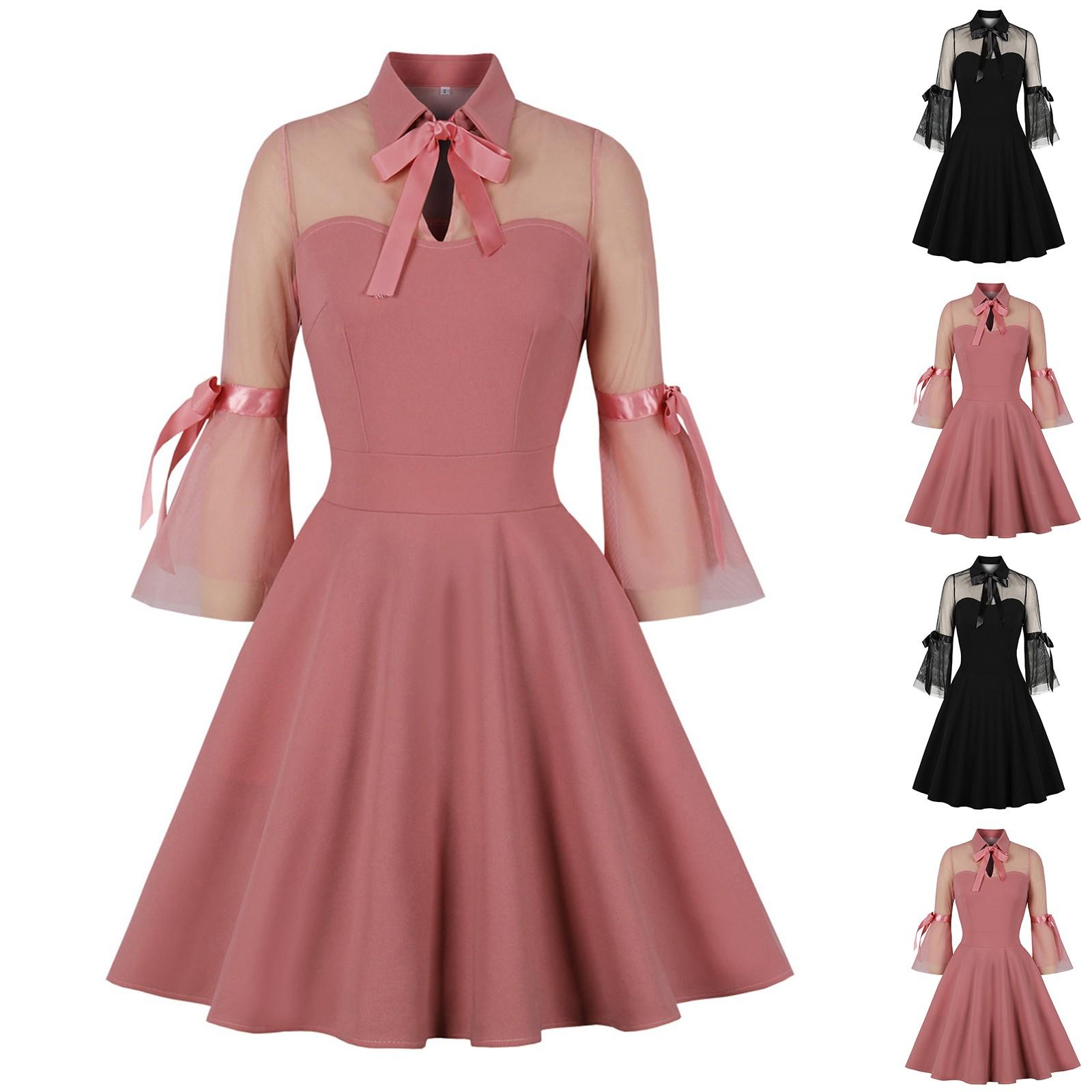 

Women s Hollow Mesh Stitching Retro Lapel Three-quarter Sleeve Dress With Big Swing Skirt XL рожевий