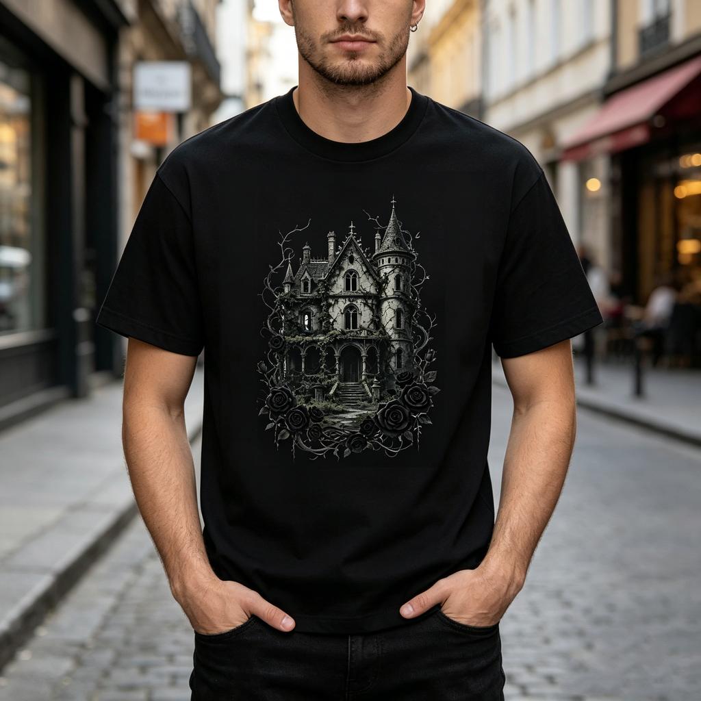 Gothic Haunted Unisexsion Graphic Tee for Unisex Unisex Casual Streetwear Tshirt Cool Dark Aesthetic Haunted Unisexsion with Black Roses