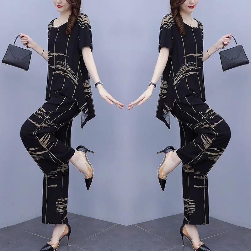 Plus Size Women's Fat Mother's Age-reducing Slimming Wide-leg Pants Casual Suit Summer Fashionable and Age-reducing Two-piece Set