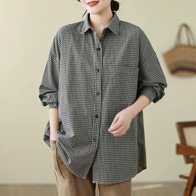 Chemise à carreaux noir et blanc pour femme, coupe ample, boutonnée sur le devant, manches longues