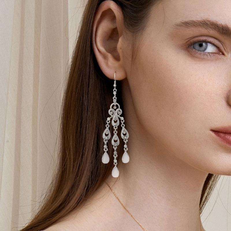 Elegant Teardrop Dangle Earrings With Stone Dialects And Intricate Cutout Design In Nonallergenic Zinc Alloy For Daily Or Formal Wear