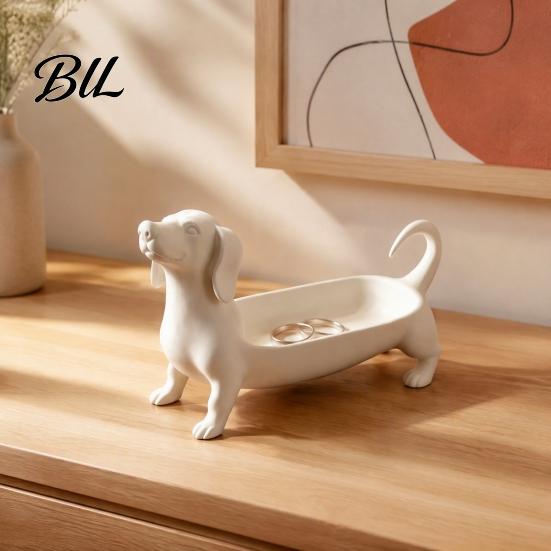 Desktop Storage Organizer Dachshund Jewelry Tray, Decorative for Rings Earrings And Keys, Office Desk Stationery Holder Cute Resin Animal Figurine