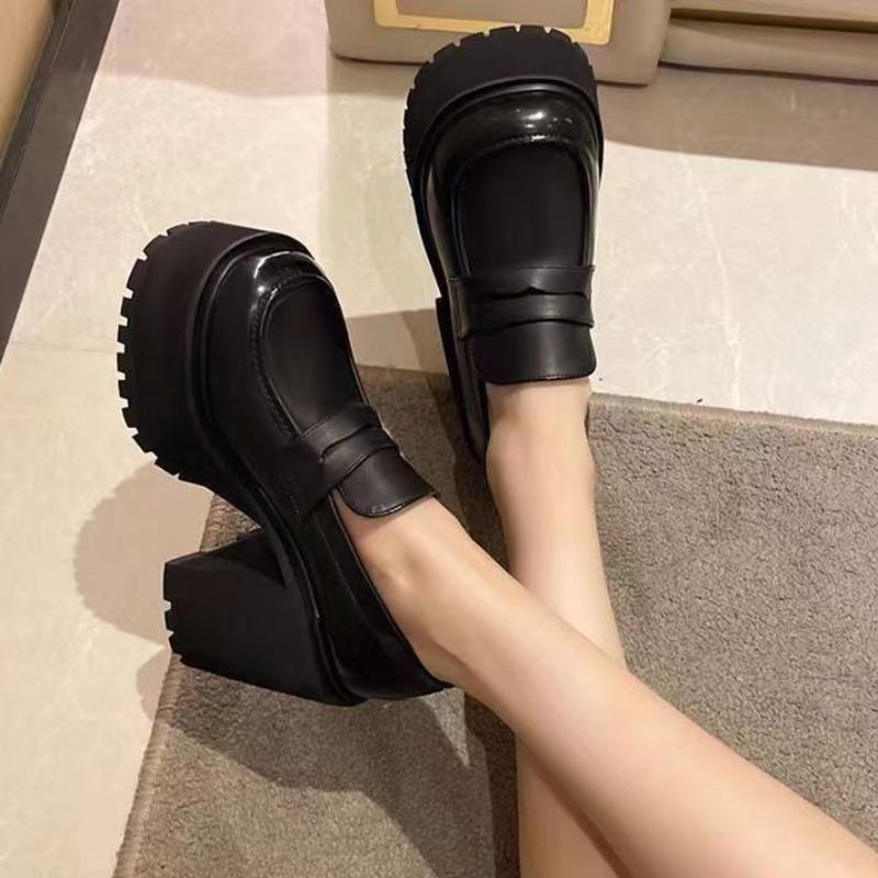 New Versatile Thick-soled Round-toe Leather Shoes for Women, High Heels