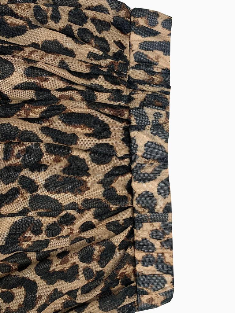 European Leopard Print Deep V-Neck Slit Dress with Cross Shoulder Straps and High Waist Design