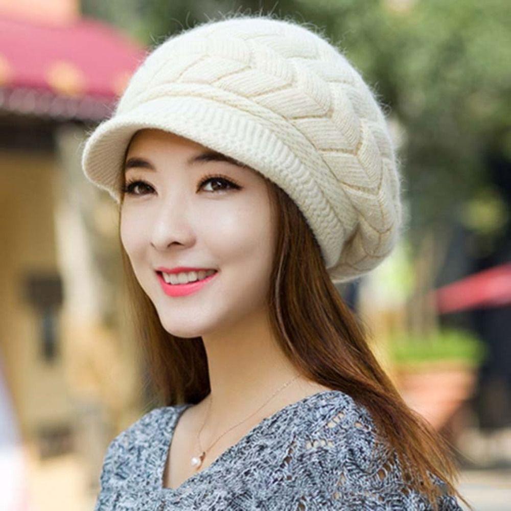 Winter Striper Knitted Cap Ear Protection Thicken Knit Hat Solid Color Women Beret Cap  Women Girls