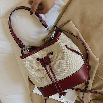 Women's Bags European and American Bags Diagonal Bags Drawstring Splicing Canvas Portable Bucket Bags