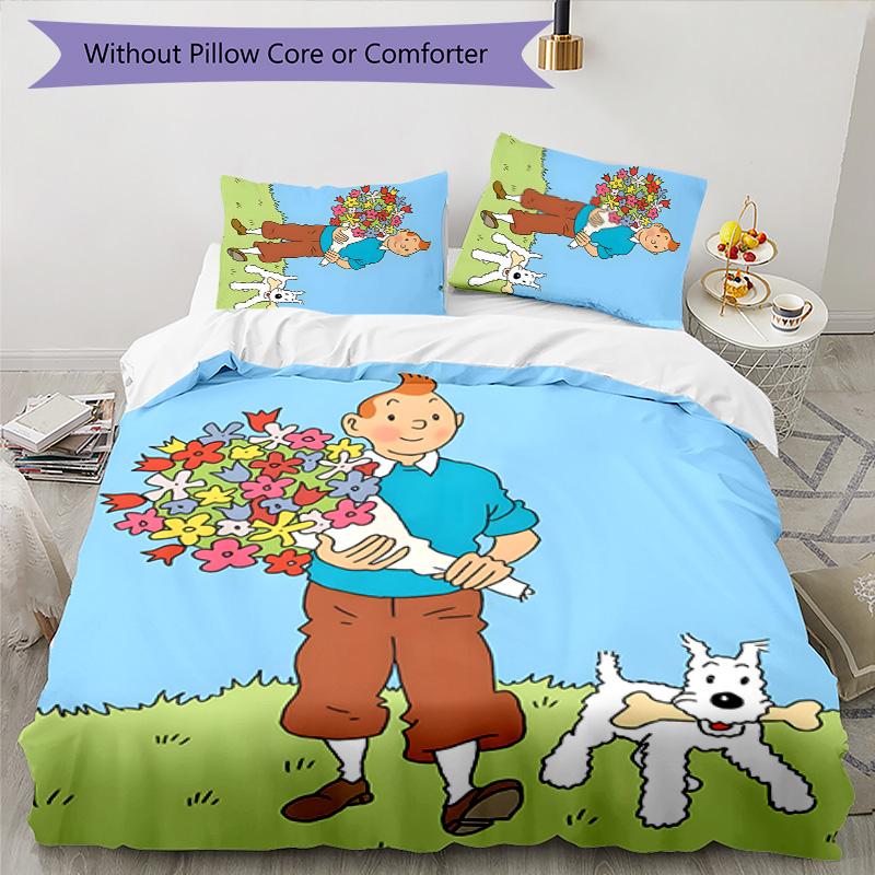 3pcs The Adventures of Tintins Design Cover Set - HD Printed Bedding with 1 Cover and 2 Pillowcases - Perfect for Home and Dorm Decor