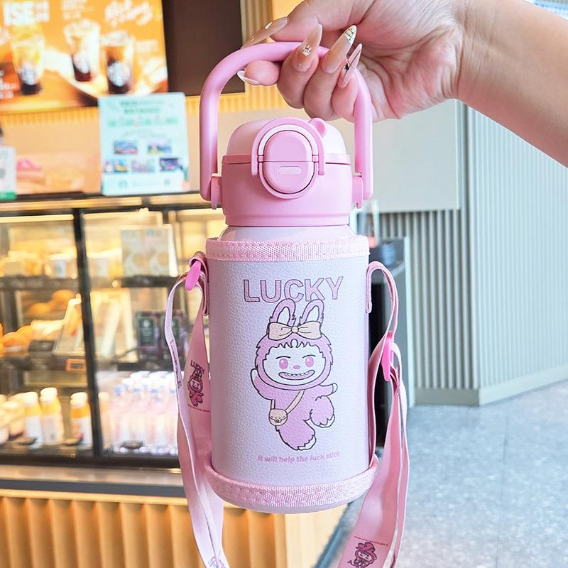 

New cute double drink thermos cup children s handle pot large capacity anti-drop and leak-proof 500ml розовый