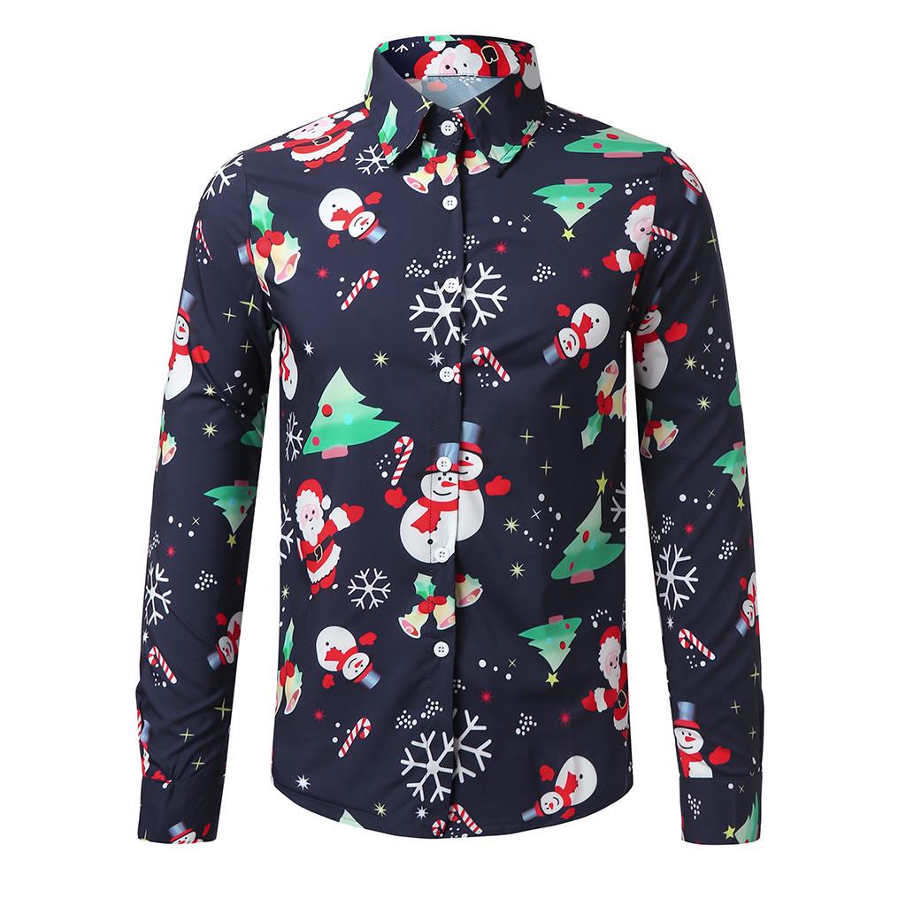 Men Casual Snowflakes Santa Candy Printed Christmas Shirt Top Blouse
