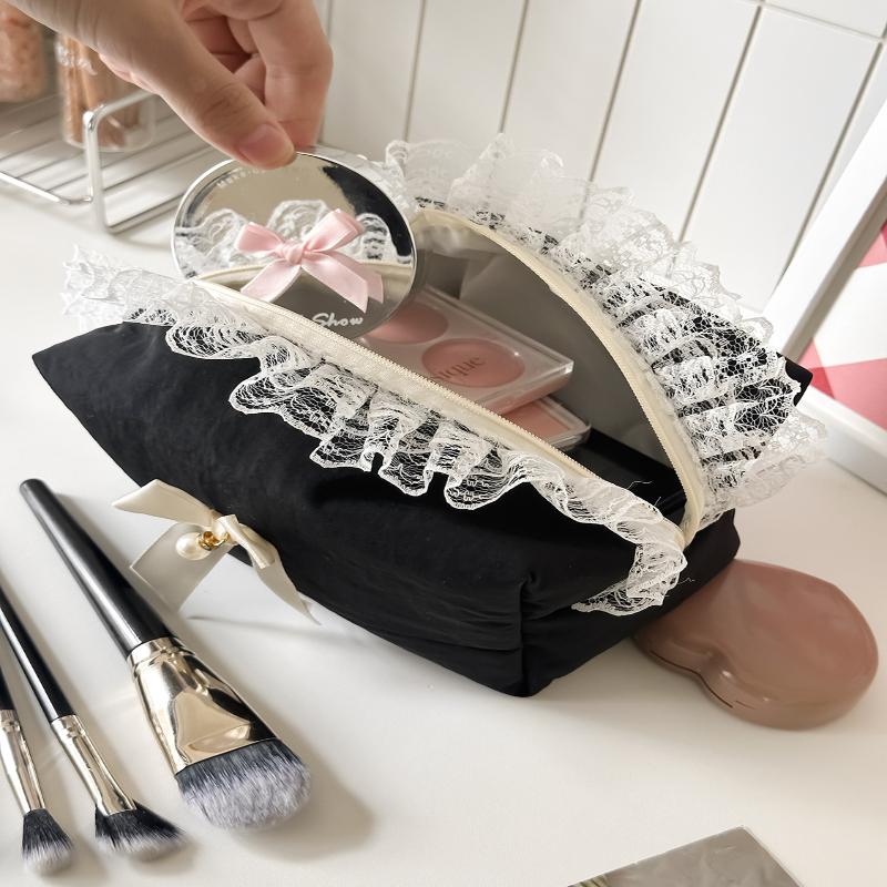 Black Lace Bow Makeup Bag Large Capacity Toiletry Bag Travel Cosmetic Organizer Cute Korean Portable Pouch For Women