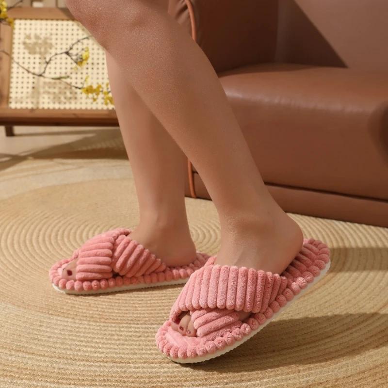 Winter Women Fashion Cross Strap Slippers Females Soft Corduroy Home Slides Men Portable Warm Plush Sandals Couples Lovely Shoes