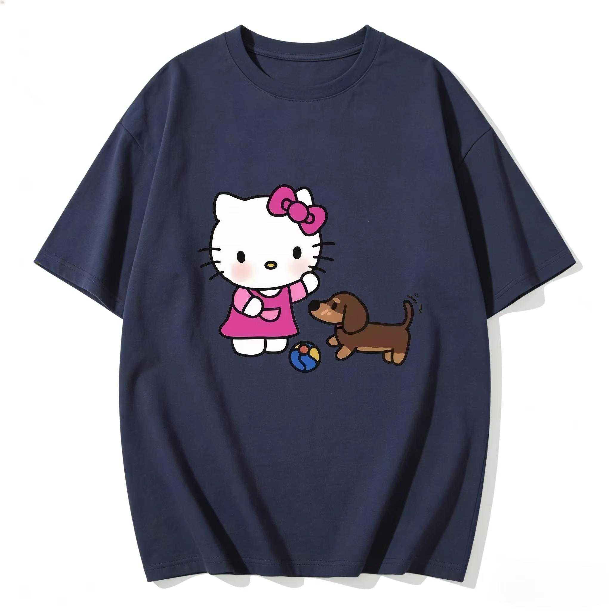 

2026 Summer Hello Kitty Cartoon Printed Short Sleeve Pure Cotton Tshirt Parentchild Outfit Classic Fashion Womens Tees Tops S