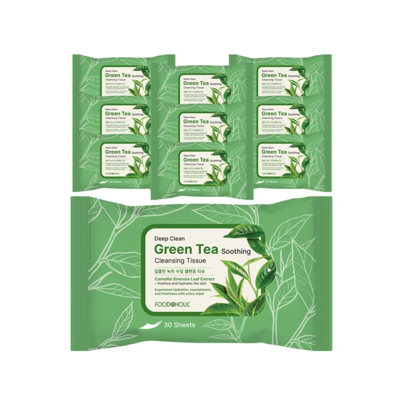 

(10 шт) Foodaholic Глубоко очищающие успокаивающие салфетки для умывания с зеленым чаем (30 листов) / Портативное увлажняющее глубокое очищение