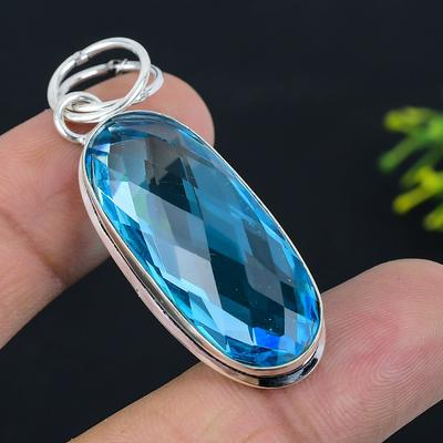 Naturlig Blå Topas Ädelsten Handgjord 925 Sterlingsilver Hänge 2.17" N9W07