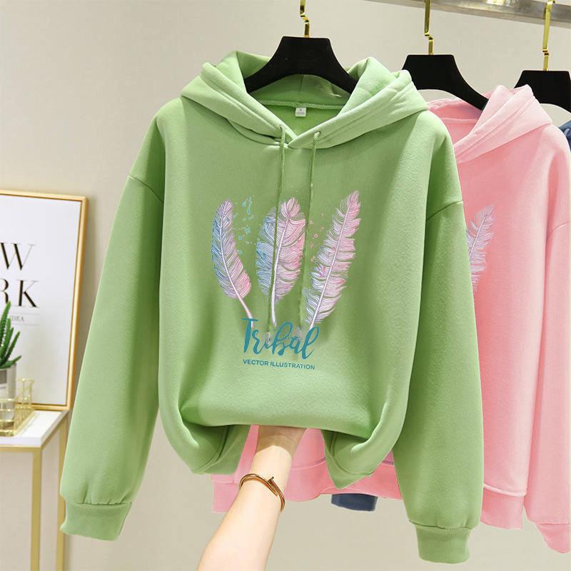 Korean Style Women's Fleece-Lined Hooded Sweatshirt, Plus Size, Loose Fit, Long-Sleeved, for Autumn and Winter.