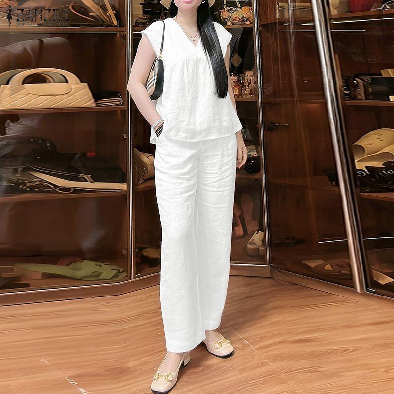 ZANZEA Women Sleeveless Blouse and Pants Casual Two Piece Suit Sets