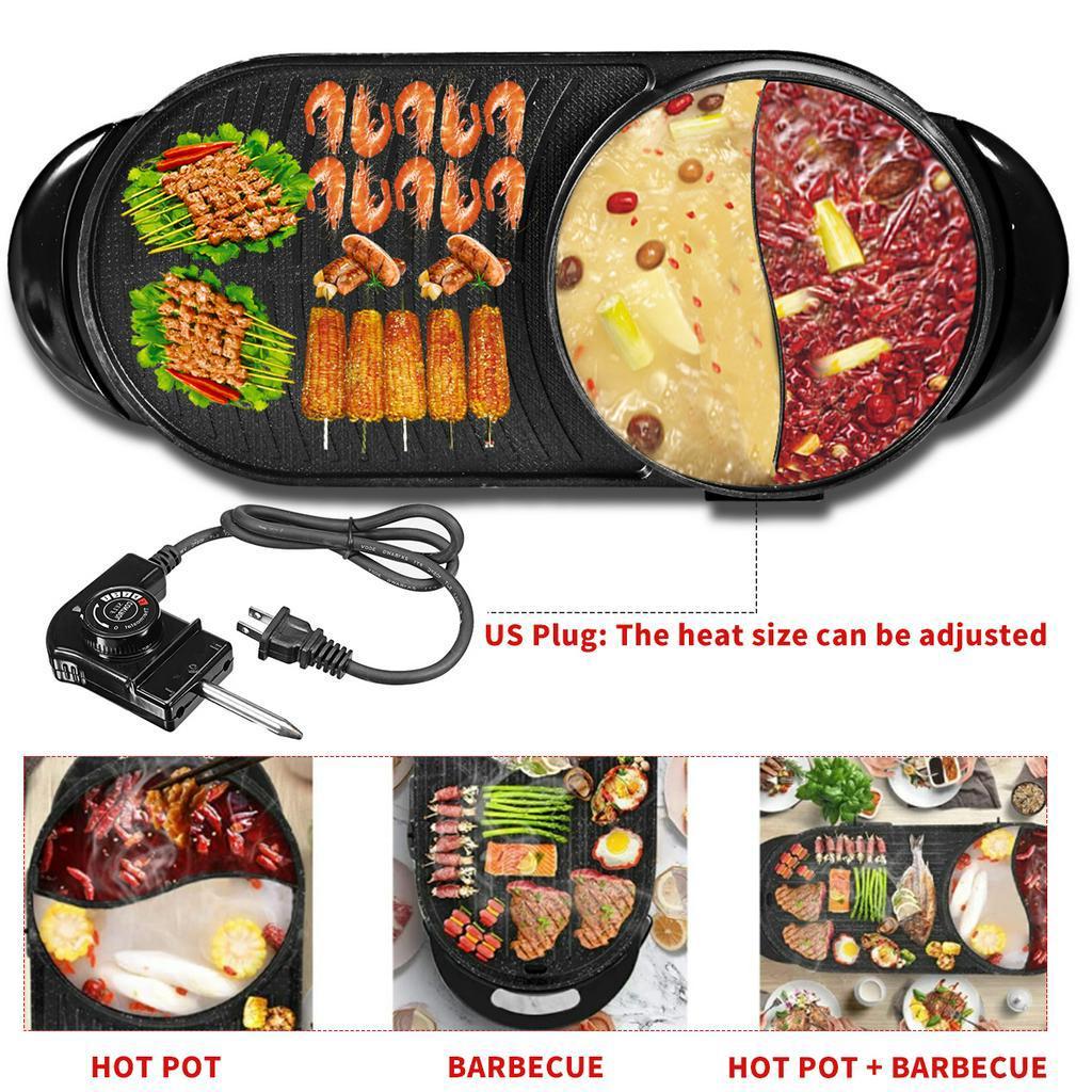 1200W 110V 2 in 1 Electric Hot Pot Oven Smokeless Barbecue Pan Shabu Pot Non-Stick BBQ Griddle Home Hotpot Baking Plate