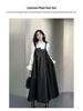 Yamamoto Women's Dark PU Leather Suspender Dress - Shiny, Loose-Fit, Spring/Autumn Fashion.