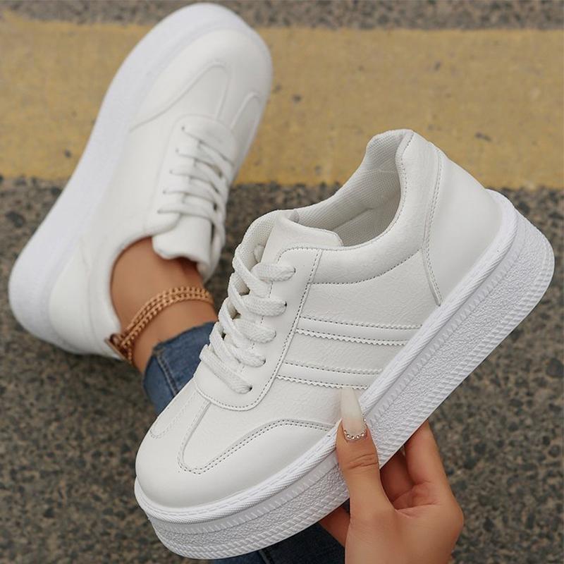 Fashion 2025 White Platform Sports Shoes Women Autumn Winter Striped Lace Up Sneakers for Woman Sewing Pu Leather Vulcanize Shoes Mujer