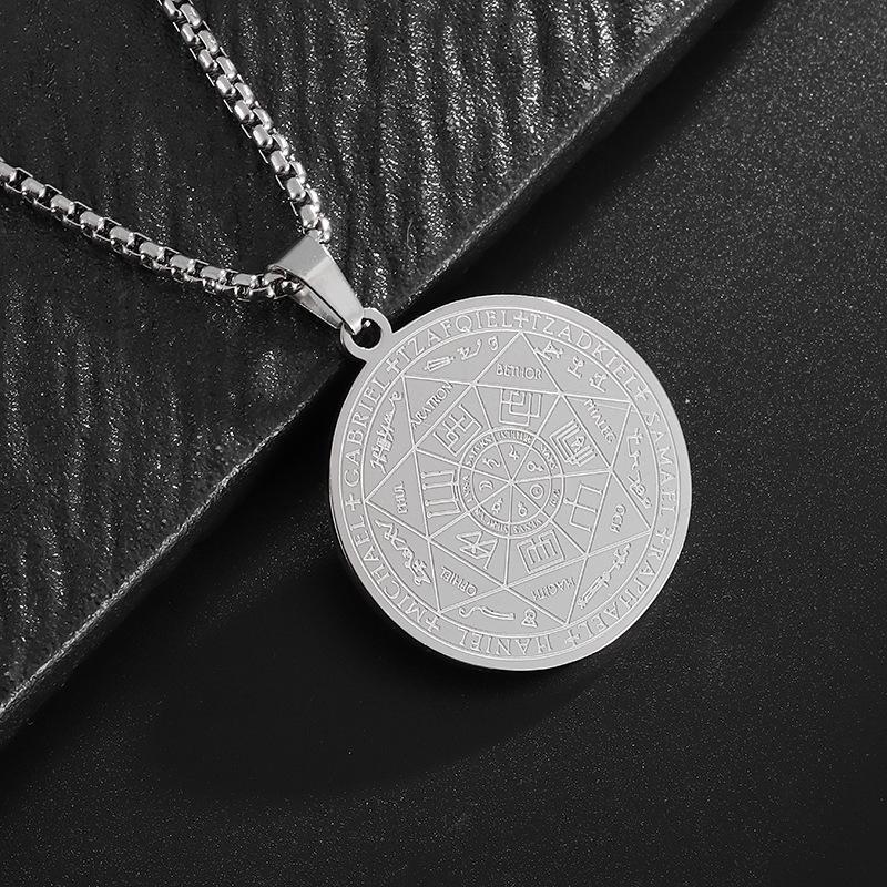 

Angel Pendant with Scripture Seal Totem Runes Tag Made of Stainless Steel Round Plate for Men s Necklace