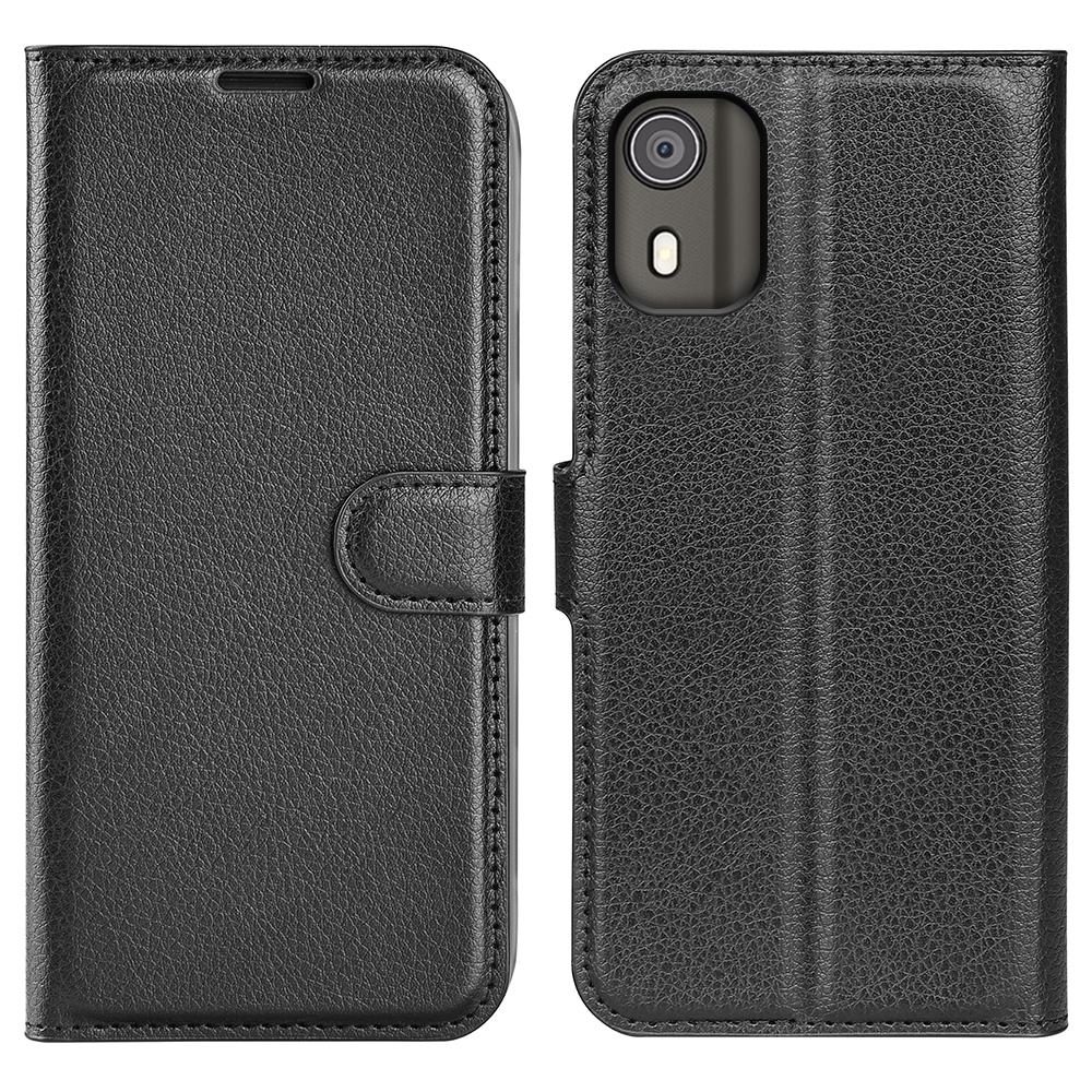 

For Nokia C02 Litchi Texture Protective Phone Case Anti-drop Stand PU Leather Wallet Cover Black