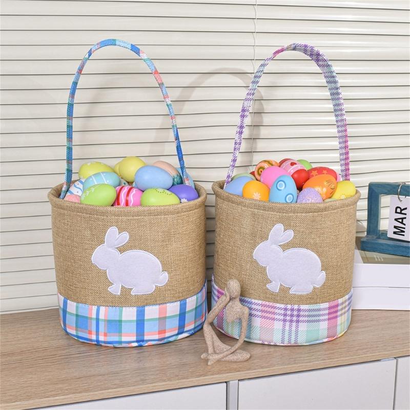 Reusable Striped Easters Decoration Basket Featuring Rabbit Patterns For Treat Storage And Tabletop Displays