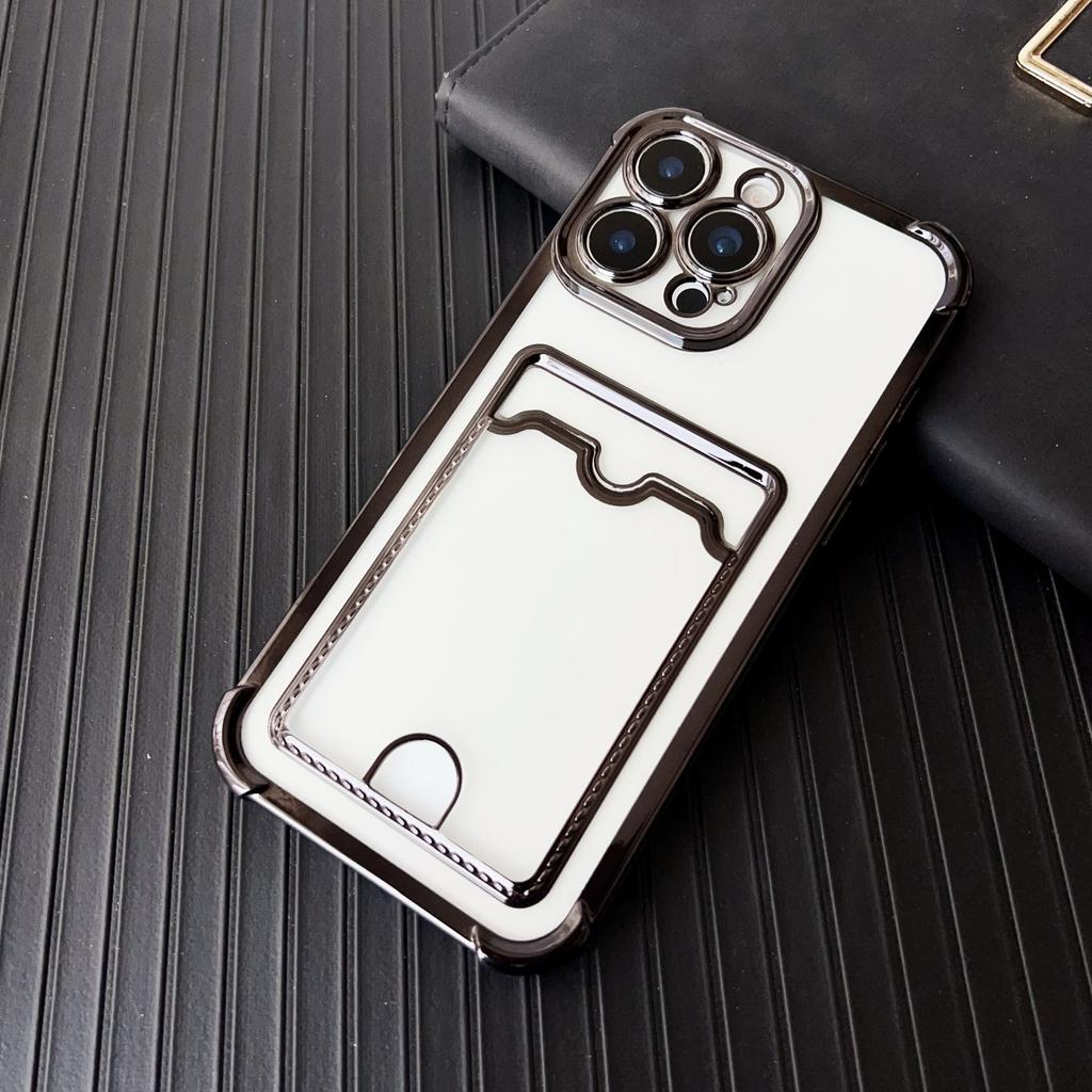 Soft Plating Card Holder Bag Case For iPhone 16 15 14 13 12 mini 11 Pro X XR Xs Max 7 8 Plus 16e Shockproof Transparent Cover