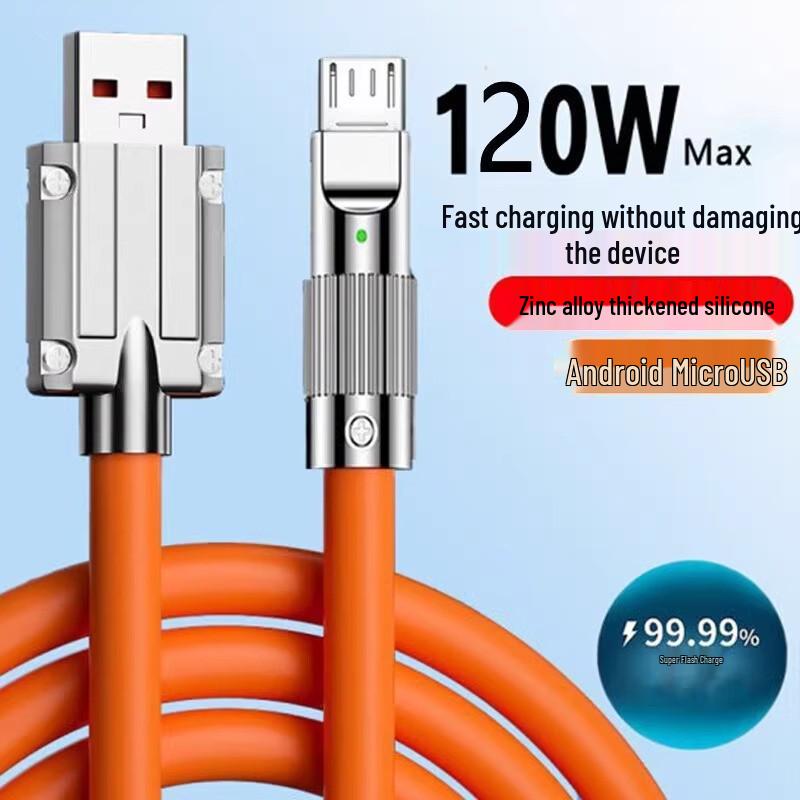 120W Zinc Alloy Fast Charging Cable for Apple & Android - Durable, Silicone-Coated, Thickened Design