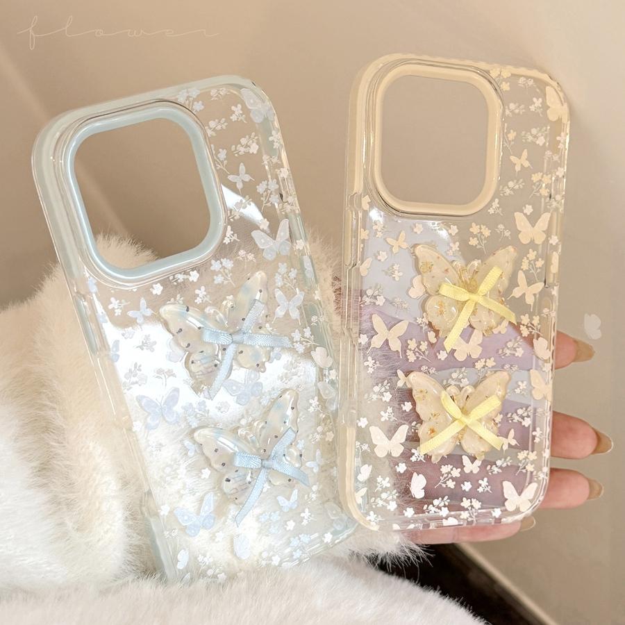 2 i 1 3D Sommerfugl med Sløyfe Gjennomsiktig Deksel til iPhone 17 16 15 14 13 12 Støtsikkert Anti-Gulnende TPU-deksel, Søtt Estetisk Beskyttende Telefondeksel