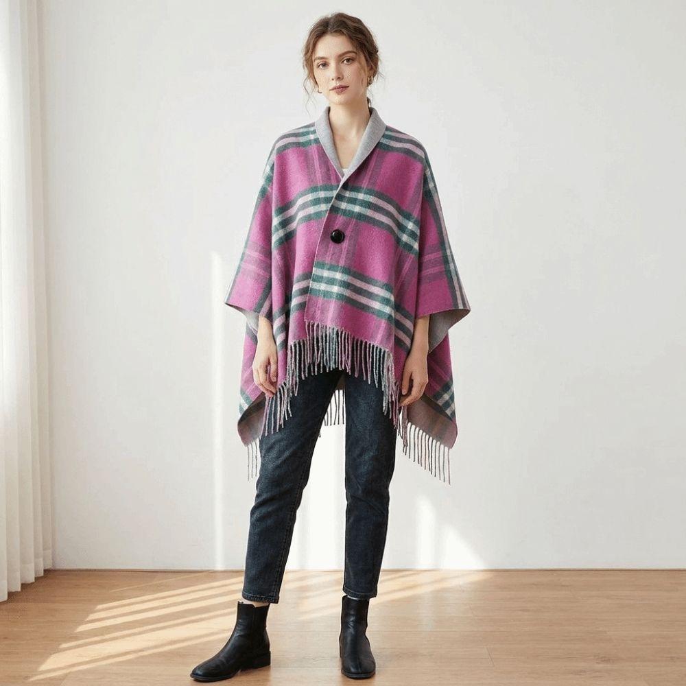 Faux Wool Double‑Sided Plaid Poncho Shawl Thick Knit Checkered Fringe Cape Blanket Shawl Winter