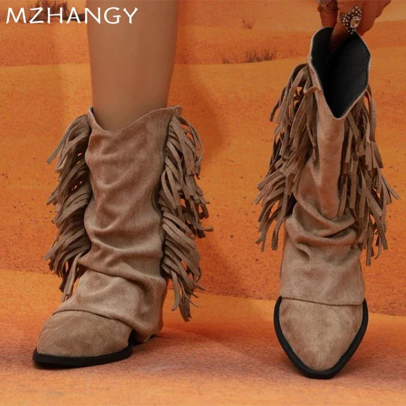 Fashion Suede Women Mid Calf Boots Pointed Toe Fringes Designer Shoes Woman 2024 Trend Snow Boots New Chelsea Boots Winter Mujer Botas