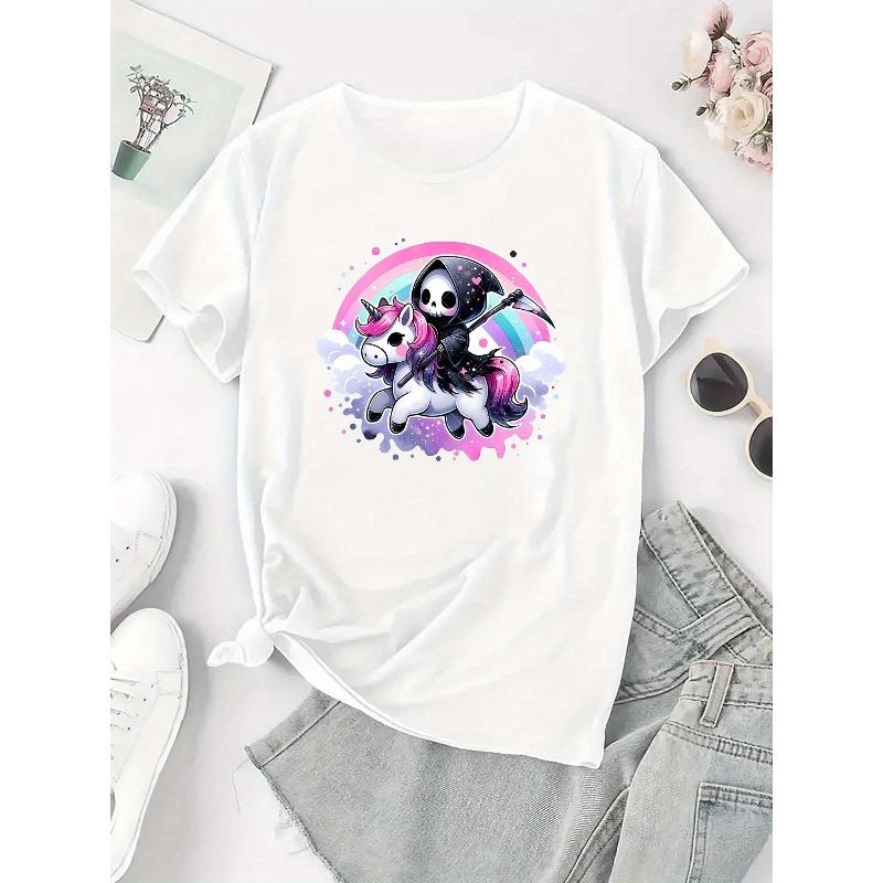 European Sizes Women'S Unicorn Graphic Tee - Stylish Casual Round Neck Short Sleeve T-Shirt with Whimsical Death Design