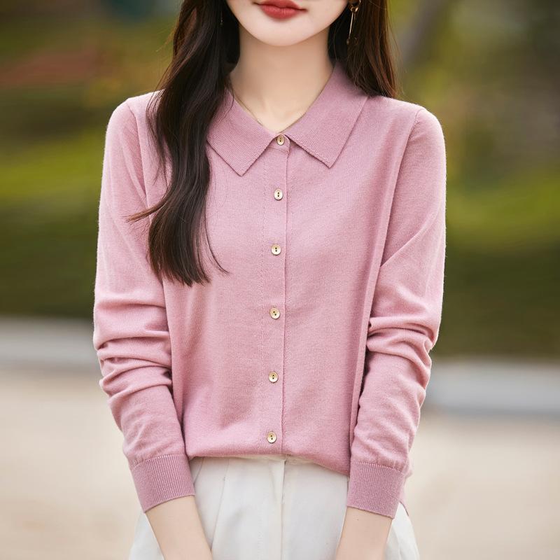 

Worsted wool PO neck knitted cardigan spring new solid color loose versatile top jacket women M