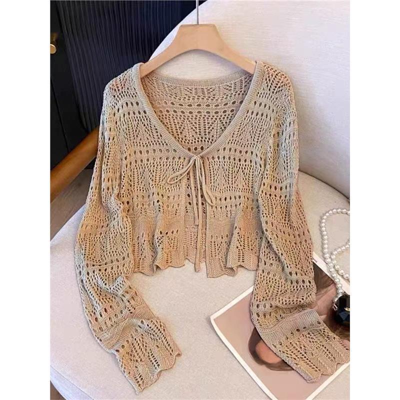 Jarně-letní háčkovaný lněný kardigan šál se zavazováním vpředu - Dámský svrchní oděv s ochranou proti slunci
