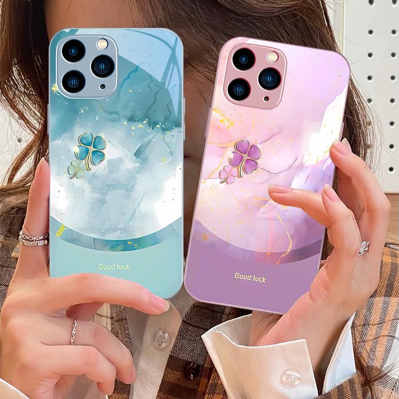 Four Leaf Clover Gradient For IPhone 16 Pro Max 15 Pro 14 13 12 Mini 11 XS Max XR 7 8 Plu SE 2022 Tempered Glass Phone Case