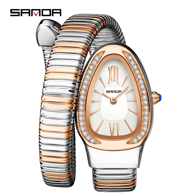 SANDA Women's Luxury Snake Head Bracelet Watch with Roman Mother-of-Pearl Dial, Diamond Accents, English Two-Hand, 30M Water Resistant.
