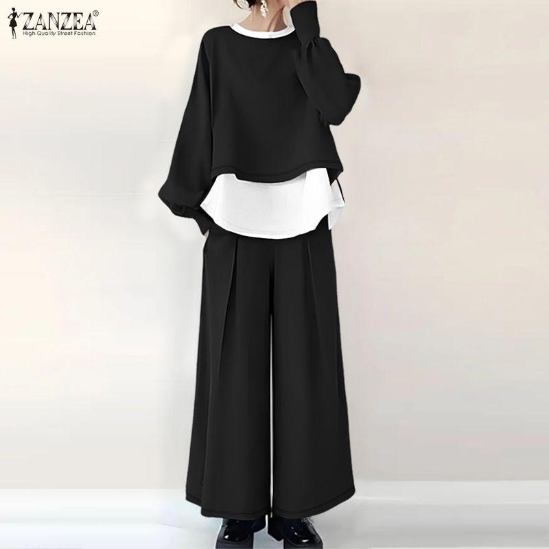 ZANZEA Women Casual Long Sleeve Blouse and Wide Leg Pants Two Piece Suit Sets