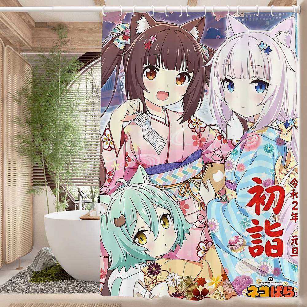 Nekopara Neko Anime Pattern Bathing Curtain Bathroom Shower Curtain Waterproof With 12 Hooks Home Deco