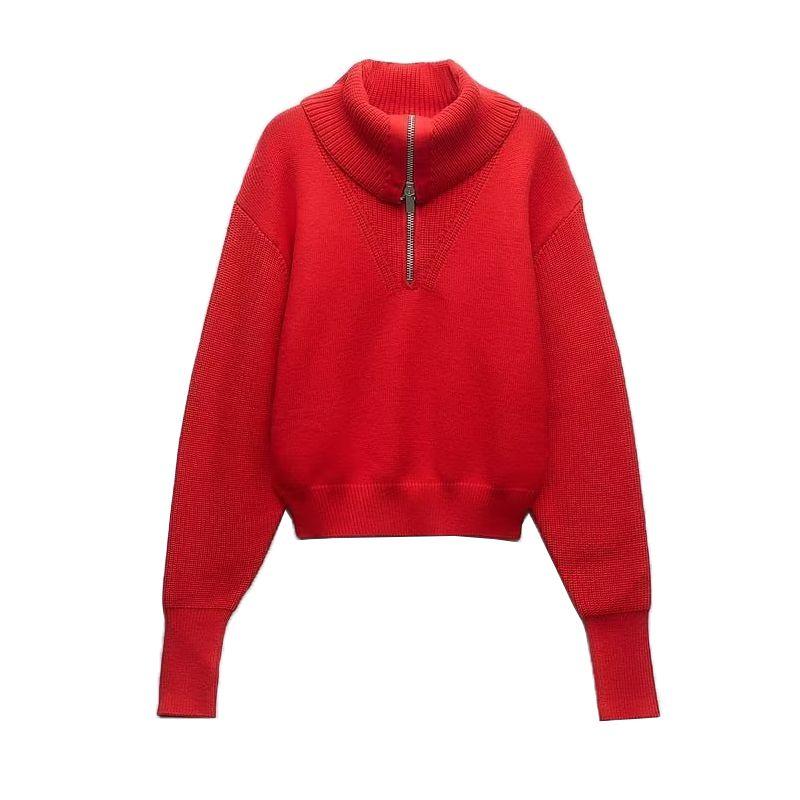 Spring New Arrival Women's Commute Leisure Red Large Lapel Sweater Pullover Zipper Ornament Knitwear 5536155
