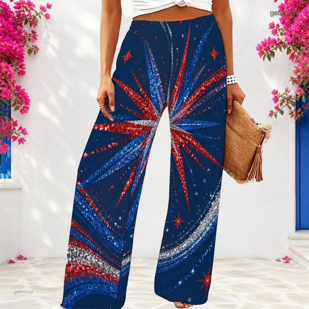Women Plus Size Red Blue White Star Printed Loose Wide Leg Full Length Casual Pants