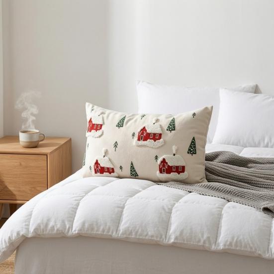 Holiday Gift for Home Decor Christmas Cottage Cushion Cover, Red Snowy House Pillowcase, Decorative Nordic Style Pattern Throw Pillow Case Sofa
